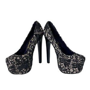 London Trash Super High Platform Heels, Black Lace Overlay, Sz 7